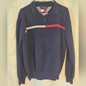 Vtg Tommy Hilfiger Knit Navy Sweater with Red and White Accent Stripe